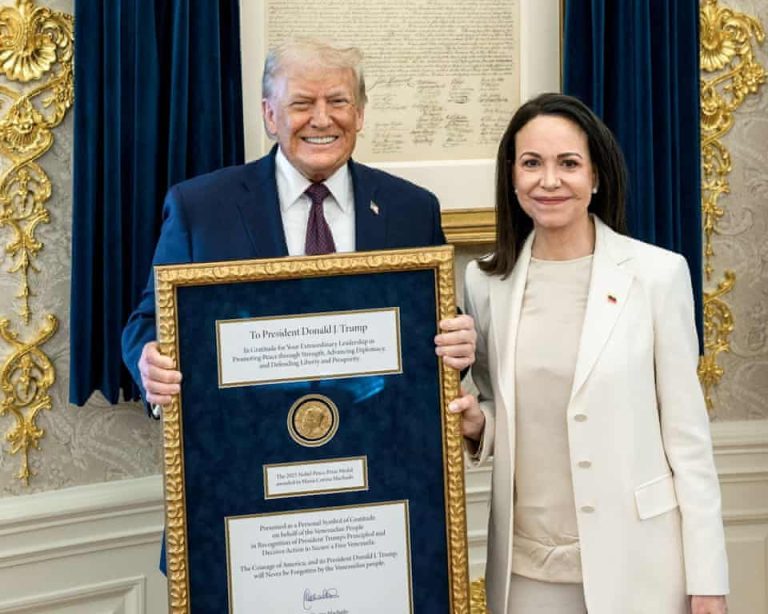 Maria Corina Machado presents her Nobel Peace Prize medal to Donald Trump