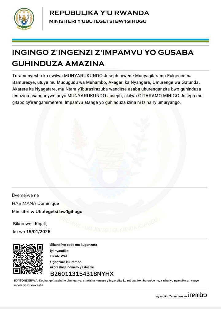 ITANGAZO RYO GUHINDUZA AMAZINA: MUNYARUKUNDO Joseph